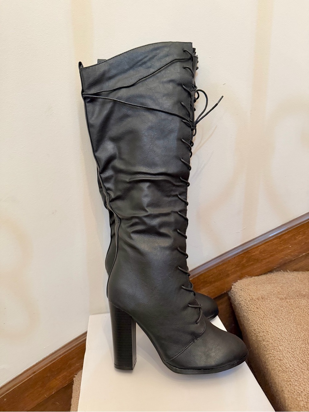 Venus Black Lace Up Faux Leather Knee High Heeled Boots Size 9 NWT New with Box